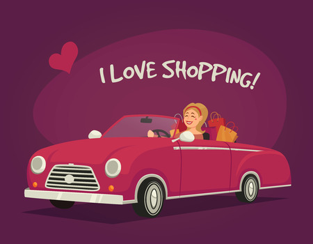 Woman driving shopping in a cabriolet on purple background cartoon vector illustrationのイラスト素材
