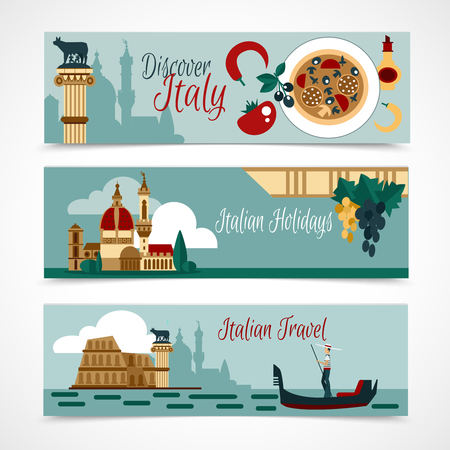 Italy horizontal banner set with touristic landmarks isolated vector illustrationのイラスト素材