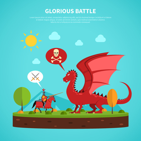 Legendary medieval knight in suit of armor battle with dragon flat abstract pictogram poster print vector illustrationのイラスト素材