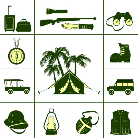 Safari icons  with tourist  ammunition and hunting  accessories isolated vector illustrationのイラスト素材
