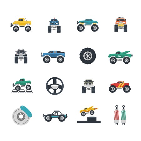 Monster truck and heavy vehicles flat icons set isolated vector illustrationのイラスト素材