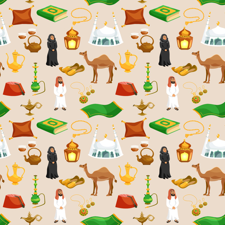 Arabic culture seamless pattern with camel tea pot mosque cartoon vector illustrationのイラスト素材