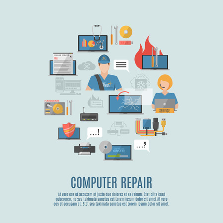 Computer repair and maintain internet security services flat icons composition poster with antivirus shield abstract vector illustrationのイラスト素材