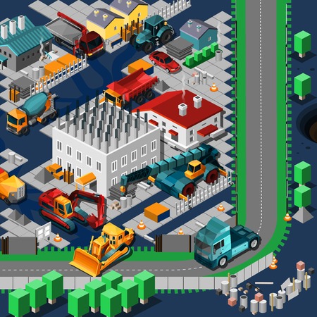 Isometric construction machines concept with low poly tracktors and bulldozers on the road vector illustrationのイラスト素材