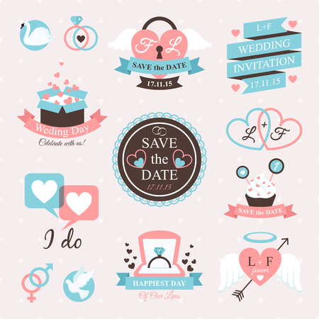 Wedding party invitation labels and emblem set isolated vector illustrationのイラスト素材