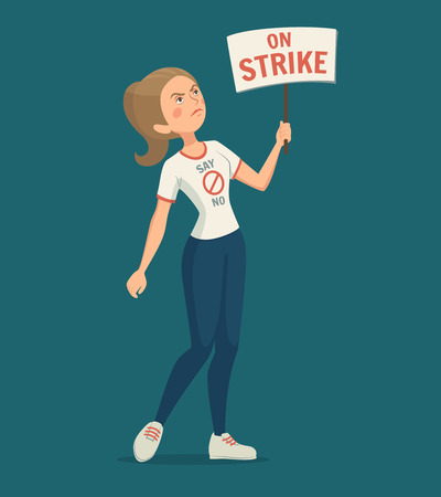 Walkout woman with strike placard on blue background cartoon vector illustrationのイラスト素材