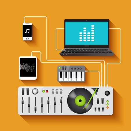 Dj workspace with audio equipment and music technologies vector illustrationのイラスト素材