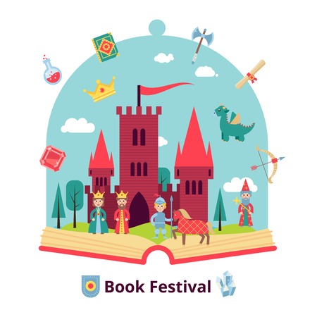 Fairytale concept with open book and medieval castle and characters vector illustrationのイラスト素材