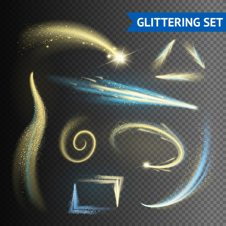 Gold sparkling glittering elements isolated on transparent background vector illustrationのイラスト素材