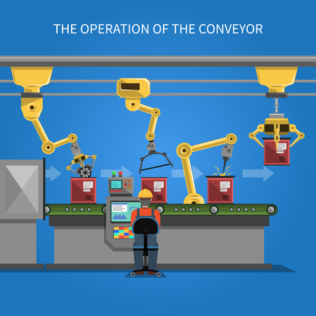 Robot operation of the conveyor with conveyor belt on blue background flat vector illustrationのイラスト素材