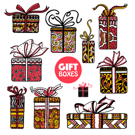 Holiday season presents and gifts boxes wrapped in colorful  paper  pictograms set doodle abstract isolated vector illustrationのイラスト素材