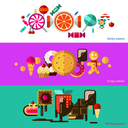 Sweets horizontal banners set with sticky crispy and melting sweets flat isolated vector illustrationのイラスト素材