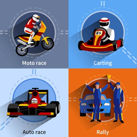 Racer icons set with carting rally moto and auto race symbols flat isolated vector illustrationのイラスト素材