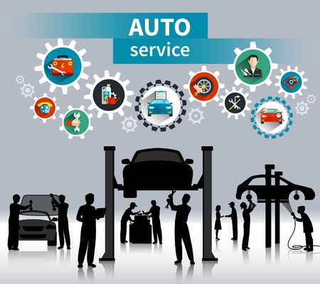 Auto service concept background with spare parts and maintenance symbols flat shadow vector illustrationのイラスト素材