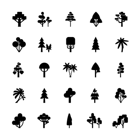 Set of tree silhouettes isolated on white background include deciduous spruce palm bush flat vector illustrationのイラスト素材