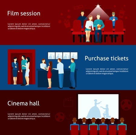 Cinematography  banners with purchase ticket  cinema hall film session and  audience flat  vector  illustration.のイラスト素材