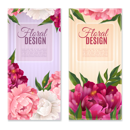 Floral design realistic vertical banners set with peonies isolated vector illustrationのイラスト素材