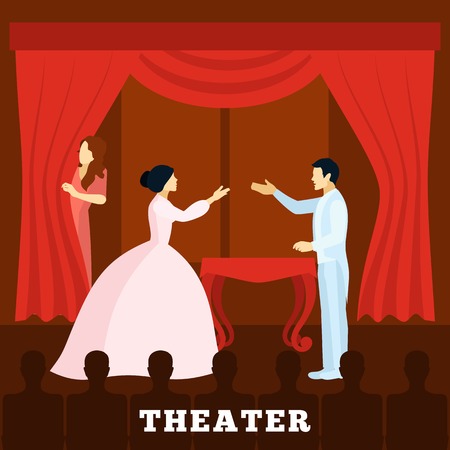 Theatre stage performance with actors curtain and audience poster  flat  vector illustration.のイラスト素材