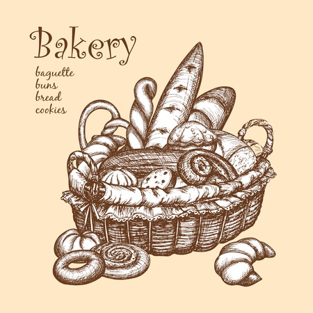 Retro style basket full of bakery stuff sketch vector illustrationのイラスト素材
