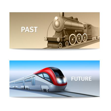 Modern and retro train locomotives horizontal banner set isolated vector illustrationのイラスト素材