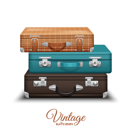 Pile of old vintage travel suitcases set realistic vector illustrationのイラスト素材