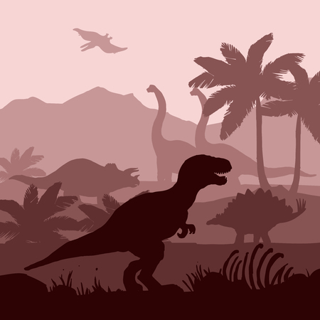 Dinosaurs silhouettes in prehistoric environment overlapping layers in brown shades decorative background banner abstract vector illustrationのイラスト素材