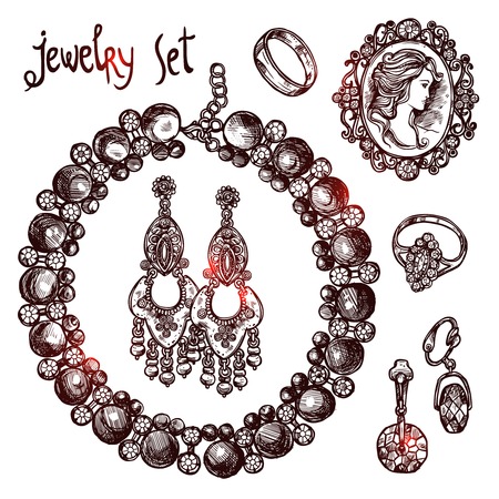 Jewelry and luxury accessories sketch icons set isolated vector illustrationのイラスト素材