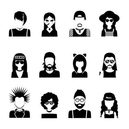 Different subcultures people silhouettes black and white icons set isolated vector illustrationのイラスト素材