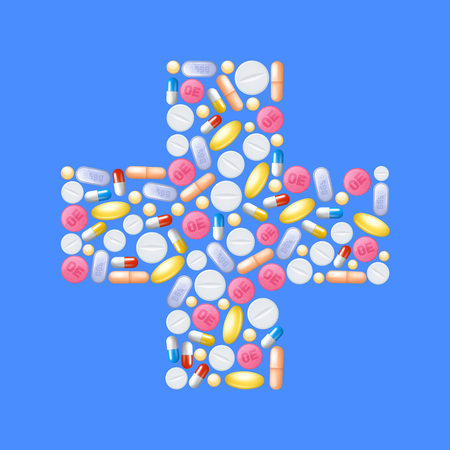 Medicine concept with pills  and capsules in cross shape vector illustrationのイラスト素材