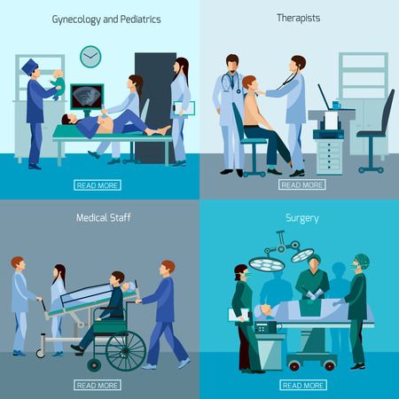 Medical professional 4 flat icons square composition with surgeon and wheel chair patient abstract isolated vector illustrationのイラスト素材