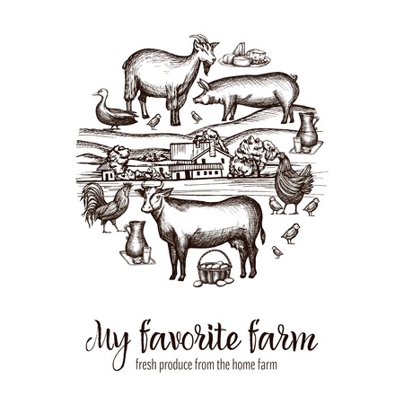 Farmers market poster with hand drawn livestock animals food and village on background vector illustrationのイラスト素材