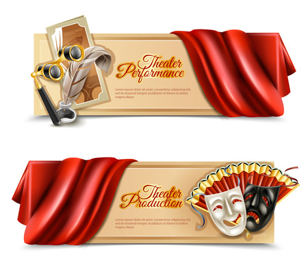 Theatre performance realistic horizontal banners set with curtain and masks isolated vector illustrationのイラスト素材