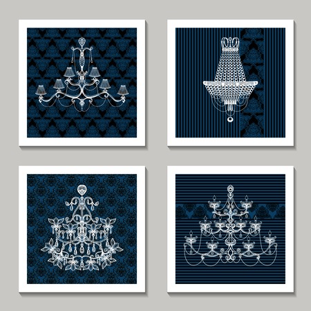 Vintage chandelier cards set with vintage interior light decoration isolated vector illustrationのイラスト素材