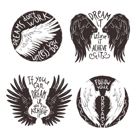 Hand drawn wings label set with motivation text isolated vector illustrationのイラスト素材