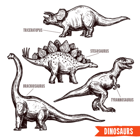 Prehistoric dinosaurs 4 diverse jurassic reptiles animals hand drawn pictograms collection black doodle abstract isolated vector illustrationのイラスト素材