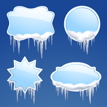 Icicle and snow realistic frames set on blue background isolated vector illustrationのイラスト素材