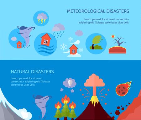 Meteorological natural disasters 2 banners composition poster with forest fire and tsunami information abstract isolated vector illustrationのイラスト素材