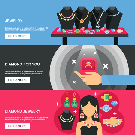 Jewelry horizontal banners set with diamond earrings and bracelets  flat isolated vector illustrationのイラスト素材