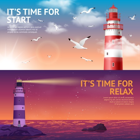Lighthouse during day and night horizontal banner set isolated vector illustrationのイラスト素材