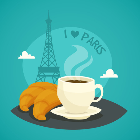 Cup of morning coffee with croissants at Eiffel tower background  in cartoon  style vector illustrationのイラスト素材