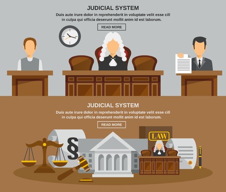 Law horizontal banner set with judical system elements isolated vector illustrationのイラスト素材