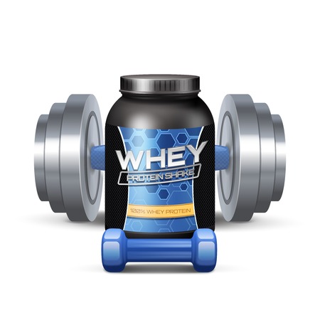 Sport nutrition containers and dumbbells realistic fitness supplies set vector illustrationのイラスト素材