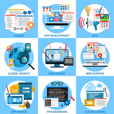 Web development concept set with seo coding and programming icons isolated vector illustrationのイラスト素材