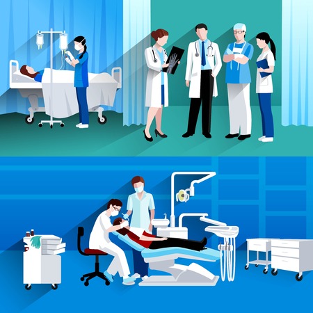 Medical specialists concilium and dental surgery private practice 2 flat horizontal banners composition abstract isolated vector illustrationのイラスト素材