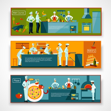 Cooking horizontal banner set with people making pizza and baking isolated vector illustrationのイラスト素材