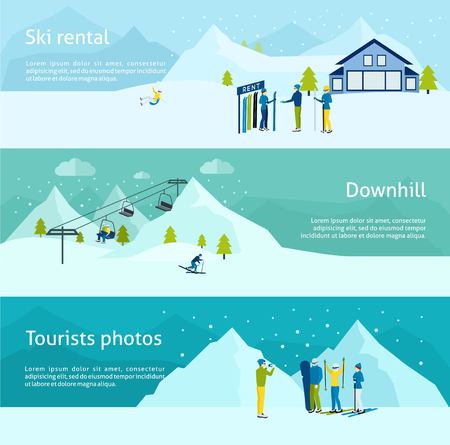 Ski resort horizontal banner set with people with sport equipment isolated vector illustrationのイラスト素材