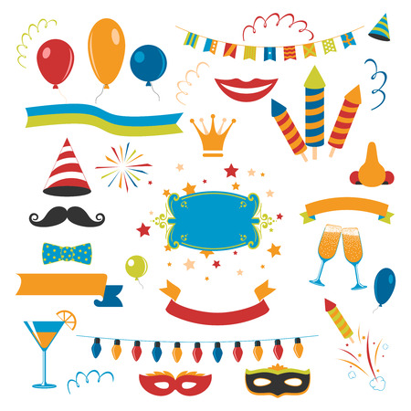 Holiday celebration set with fireworks champagne and decorations flat isolated vector illustrationのイラスト素材