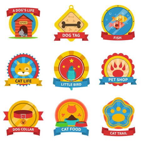 Pets label set with dog tags and cat food emblems isolated vector illustrationのイラスト素材