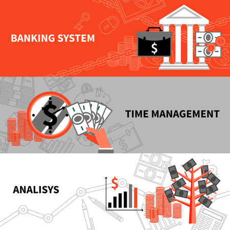 International banking system financial analysis and time management 3 flat horizontal banners set abstract vector isolated illustrationのイラスト素材