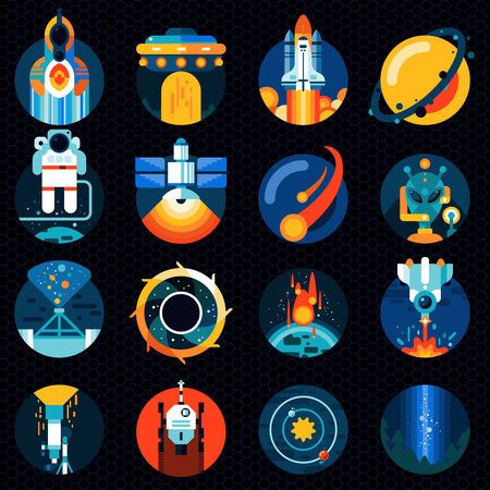 Space exploration icons set with solar system spaceship rocket and astronaut isolated vector illustrationのイラスト素材